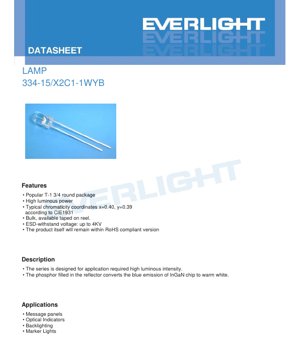 PDF文档封面 - LED灯珠334-15/X2C1-1WYB规格书 - T-1 3/4封装 - 3.6V最大电压 - 暖白光 - 110mW功耗 - 中文技术文档
