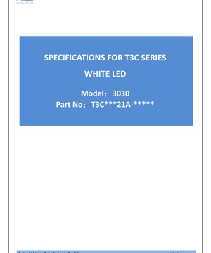 PDF 문서 표지 - T3C 시리즈 3030 화이트 LED 데이터시트 - 크기 3.0x3.0x0.69mm - 전압 5.9V - 전력 0.71W - 한국어 기술 문서