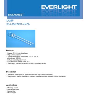 PDF Document Cover - 334-15/FNC1-4YZA White LED Lamp Datasheet - T-1 3/4 Package - 2.8-3.6V - 20mA - 22500-36000mcd - English Technical Document