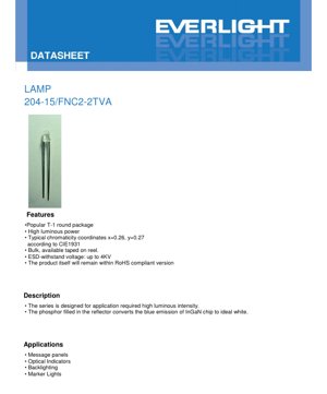 PDF Document Cover - T-1 3mm White LED Lamp Datasheet - 3.0x5.0mm Package - 3.2V Typical - 20mA Drive - 110mW Power - English Technical Document