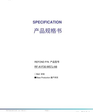 Portada del documento PDF - Especificación LED Blanco RF-A1F30-W57J-A8 - Tamaño 3.0x1.4x0.52mm - Tensión Directa 2.8-3.4V - Potencia 680mW - Grado Automotriz